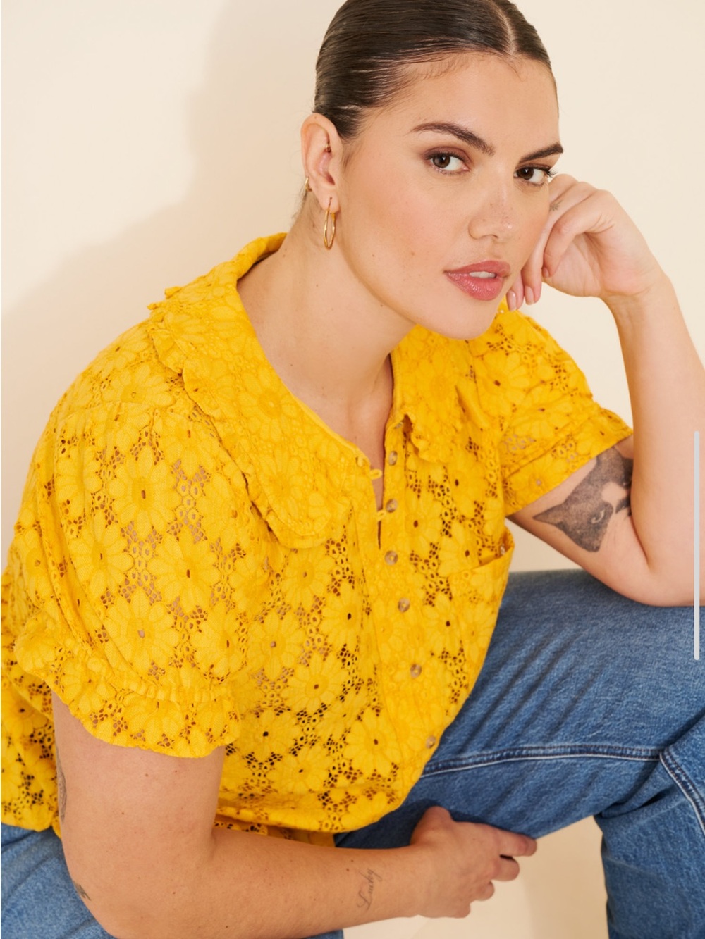 Pilcro Anthropologie Keira Yellow Lace Peter Pan Collar Blouse - Picture 3 of 6